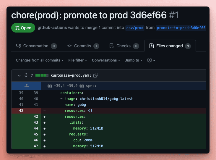 Screenshot of manifest diff for prod in a PR on GitHub.