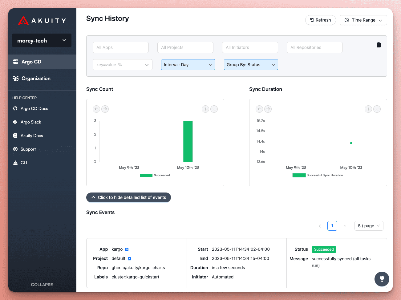 Screenshot of sync history reports on the Akuity Platform.