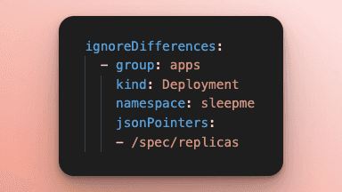 Code snippet of the ignoreDifferences spec used on the Application.