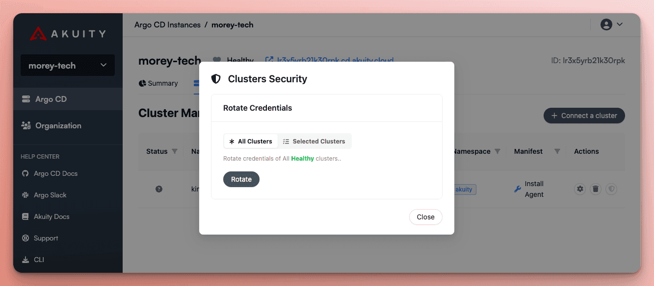 Screenshot of the agent credential rotate prompt on the Akuity Platform.