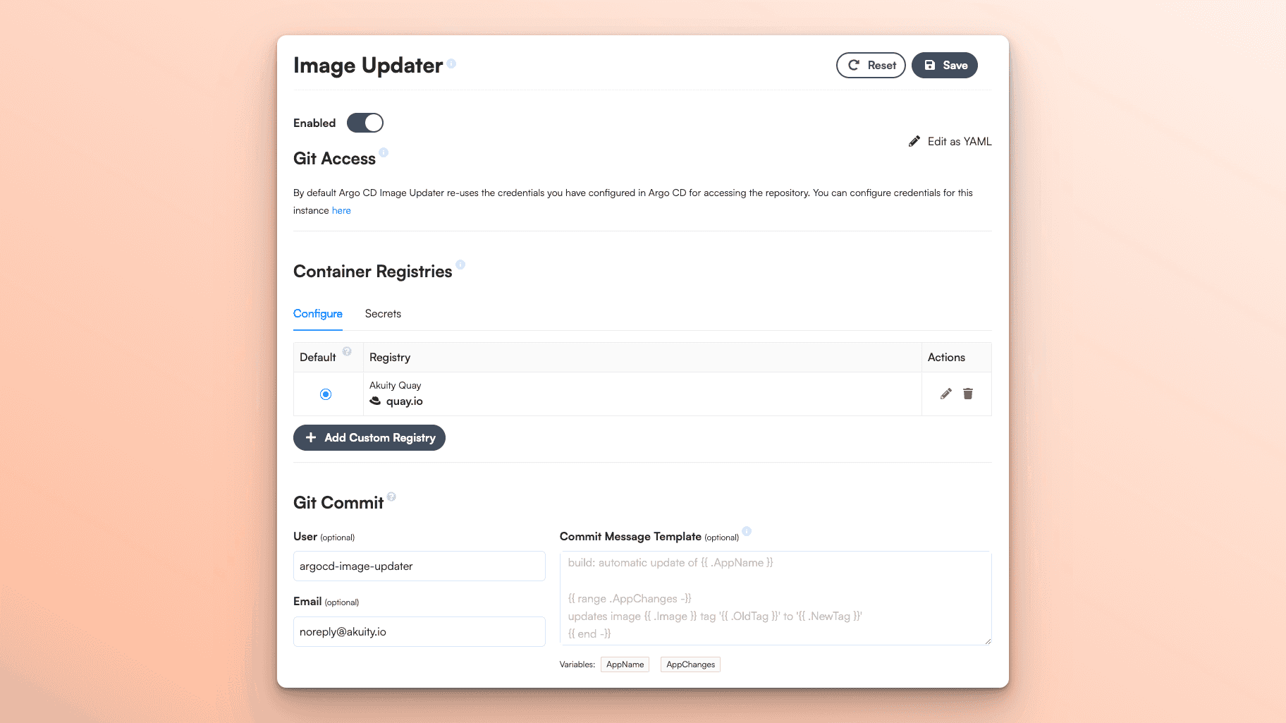 Screenshot of Image Updater settings on the Akuity Platform.